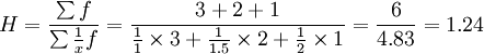 H=\frac{\sum f}{\sum\frac{1}{x}f}=\frac{3+2+1}{\frac{1}{1}\times3+\frac{1}{1.5}\times2+\frac{1}{2}\times1}=\frac{6}{4.83}=1.24