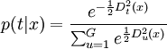 p(t|x)=\frac{e^{-\frac{1}{2} D_t^2 (x)}}{\sum_{u=1}^G e^{\frac{1}{2} D_u^2 (x)}}