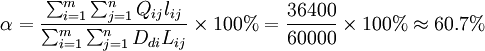 \alpha=\frac{\sum_{i=1}^m\sum_{j=1}^n Q_{ij}l_{ij}}{\sum_{i=1}^m\sum_{j=1}^n D_{di}L_{ij}}\times100%=\frac{36400}{60000}\times100%\approx 60.7%