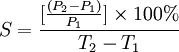 S=\frac{[\frac{(P_2-P_1)}{P_1}]\times 100%}{T_2-T_1}