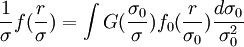 \frac{1}{\sigma} f (\frac{r}{\sigma}) = \int G (\frac{\sigma_0}{\sigma}) f_0 (\frac{r}{\sigma_0}) \frac{d \sigma_0}{\sigma_0^2}