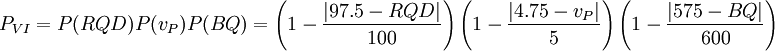 P_{VI}=P(RQD)P(v_P)P(BQ)=\left(1-\frac{\left|97.5-RQD\right|}{100}\right)\left(1-\frac{\left|4.75-v_P\right|}{5}\right)\left(1-\frac{\left|575-BQ\right|}{600}\right)