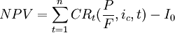 NPV=\sum^n_{t=1}CR_t(\frac{P}{F},i_c,t)-I_0