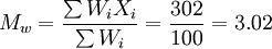 M_w=\frac{\sum W_iX_i}{\sum W_i}=\frac{302}{100}=3.02
