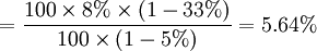 =\frac{100\times 8%\times(1-33%)}{100\times(1-5%)}=5.64%