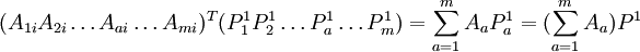(A_{1i}A_{2i}\ldots A_{ai}\ldots A_{mi})^T(P_1^1P_2^1\ldots P_a^1\ldots P_m^1)=\sum_{a=1}^m A_aP_a^1=(\sum_{a=1}^m A_a)P^1