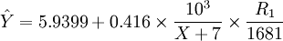 \hat{Y}=5.9399+0.416\times\frac{10^3}{X+7}\times\frac{R_1}{1681}