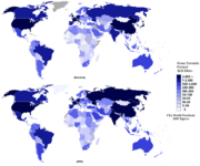 世界各国国内生产总值地图(国际汇率和购买力平价) 来源：CIA世界概况2007